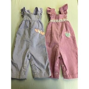 Vintage lot of 2 Health-tex Baby Girl Corduroy Overalls 9M Heart Ruffle